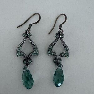 Vintage Art Nouveau Teal Crystal Drop Earrings | Antique Brass | Romantic Boho